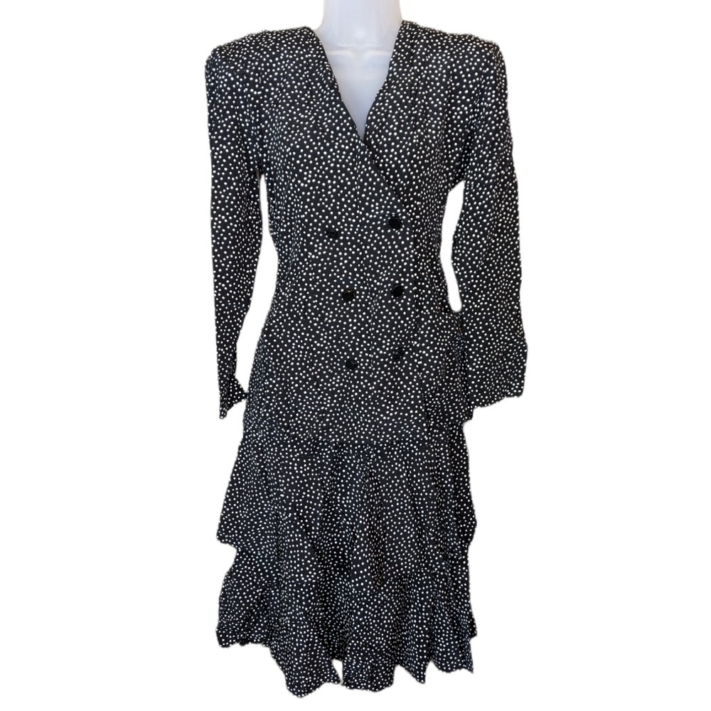 Vintage David Mitchell Black Polkadot Ruffle Skirt Blazer Suit Set Vtg 5/6 Med